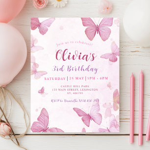 Flickor Cute Rosa Butterfly Birthday-inbjudan Inbjudningar