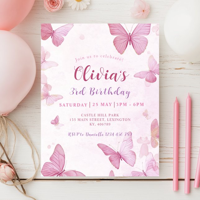 Flickor Cute Rosa Butterfly Birthday-inbjudan Inbjudningar (Skapare uppladdad)