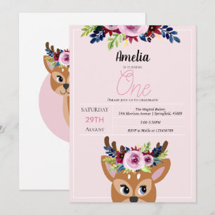 Flickor Cute Rosa Hjort Blommigt 1:a födelsedag Inbjudningar