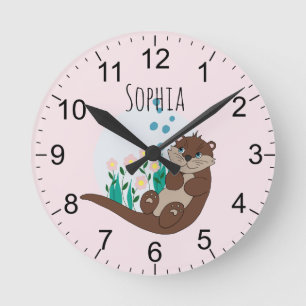 Flickor Cute Rosa Otter Flowers och Namn Kids Rund Klocka