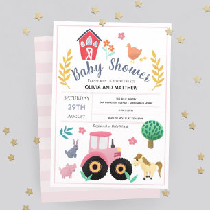 Flickor Cute Rosa Rustic Farm Tractor Baby Shower Inbjudningar
