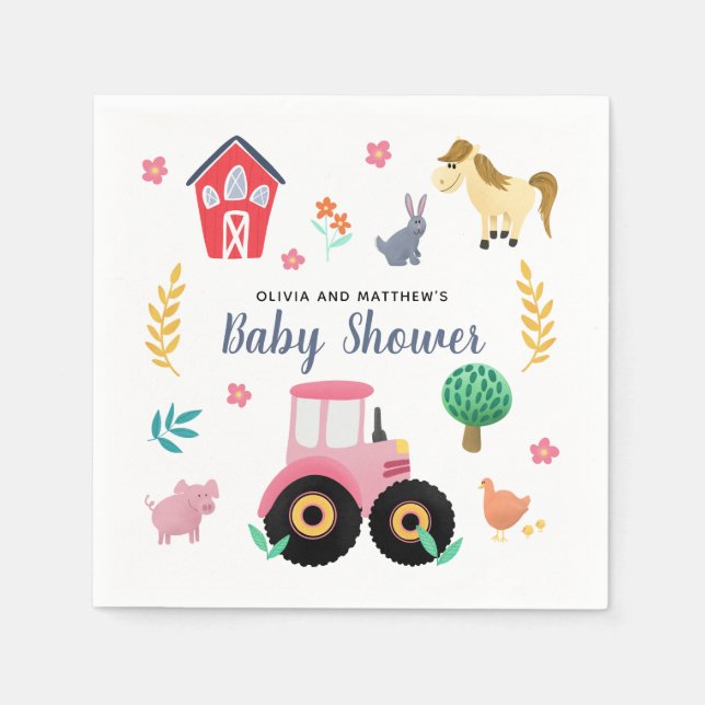 Flickor Cute Rosa Rustic Farm Tractor Baby Shower Pappersservett (Framsidan)