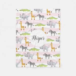 Flickor Cute Rosa strimlade Safari Animals Namn Ki Fleecefilt