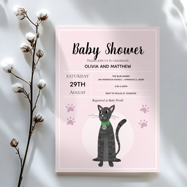Flickor Cute Rosa Tabby katt Tecknad Baby Shower Inbjudningar (Skapare uppladdad)
