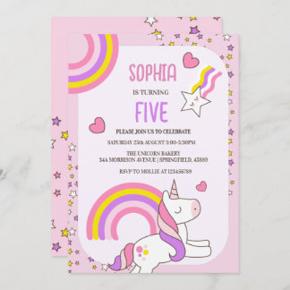 Flickor Cute Rosa Unicorn Kids 5:e födelsedagen Inbjudningar