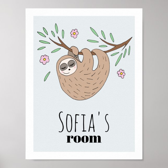 Flickor Cute Sleeping Sloth Animal och Namn Kids Poster (Framsidan)
