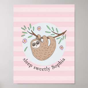 Flickor Cute Sleeping Sloth Animal och Namn Kids Poster