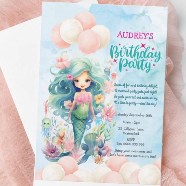 Flickor Cute under Sjöjungfrun Sea Birthday Inbjud Inbjudningar (Whimsical Mermaid Birthday Invitation - Pink & Blue Under the Sea Party - Cute Girl Kids Invite)