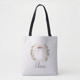 Flickor Cute White Cat med blommor och Namn Kids Tygkasse