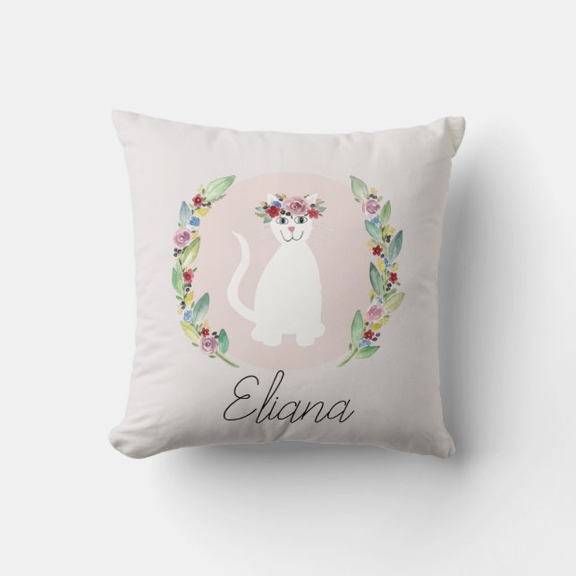 Flickor Cute White Cat med blommor och Namn Kudde (Framsida)