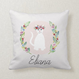 Flickor Cute White Cat med blommor och Namn Kudde