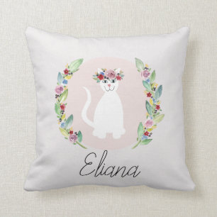 Flickor Cute White Cat med blommor och Namn Kudde
