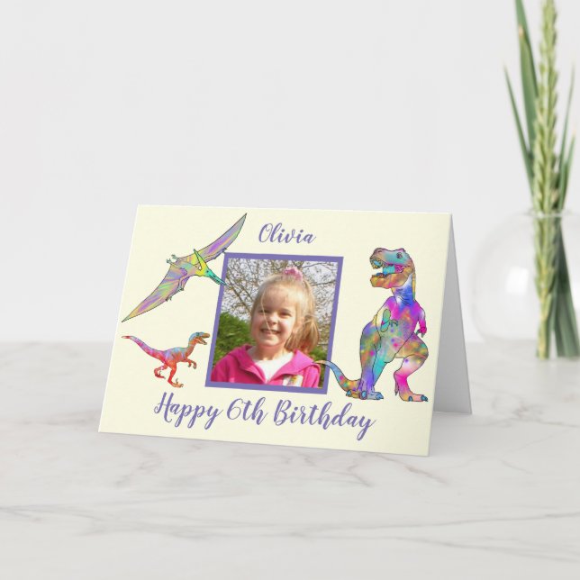 Flickor Dinosaur 6e Birthday Add Namn & Photo Kort (Framsida)