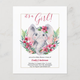 Flickor Elefant Blommor Bebis Shower KÖNSUPPLYSNIN Flygblad