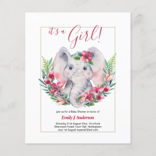 Flickor Elefant Blommor Bebis Shower KÖNSUPPLYSNIN Flygblad