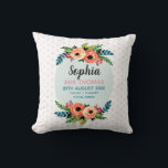 Flickor, Elegant och Blommigt, födelsetal för späd Kudde<br><div class="desc">Den här eleganten och den söta blommigtens förlossningsstatistik baby dekorativ kudde har söta vattenfärgsblommor, pastel rosa polka dots, och det finns utrymme för dig att lägga till flicka fullt namn, födelsedatum, vikt och höjd vid födseln och ställe vid födseln i handskrivet teckensnitt. Perfekten vismisk och botanisk flicka-meddelande är en viktig...</div>