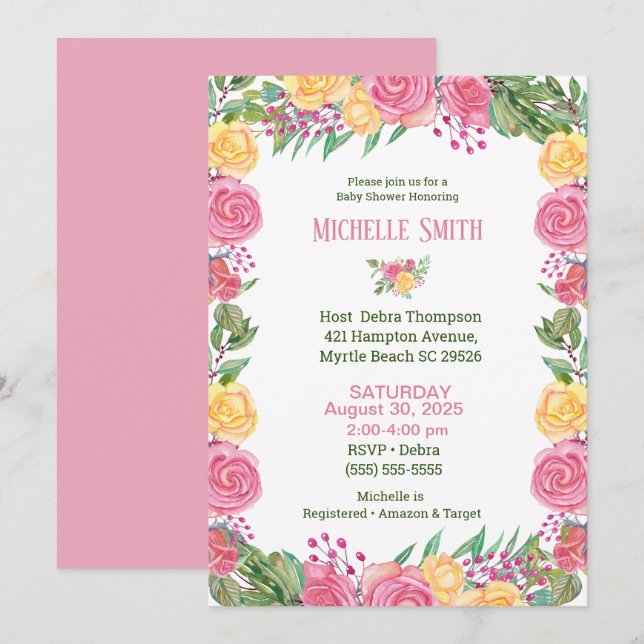 Flickor Elegant Rosa Gul ros Baby Shower Inbjudningar (Fram/baksida)