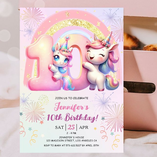 Flickor Enhörning Magisk Regnbåge 10-års födelseda Inbjudningar (#UnicornBirthdayInvitation #UnicornBirthdayInvitationTemplate #UnicornBirthdayInvitationEditable 
)