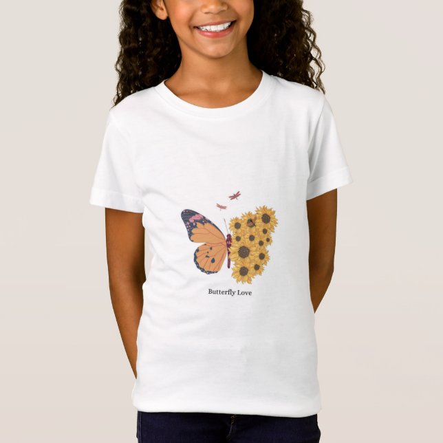 Flickor, fjäril, solros, t-shirt (Framsida)