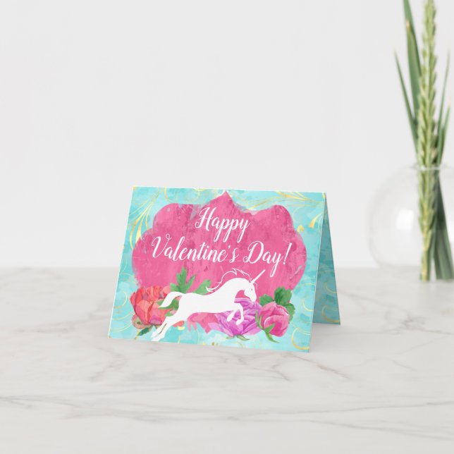 Flickor Flower Unicorn Valentine Day Kort (Framsida)