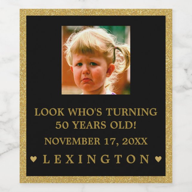 Flickor födelsedag Foto Guld Glitter Se mousserand Vinflaska Etikett (Singel etikett)