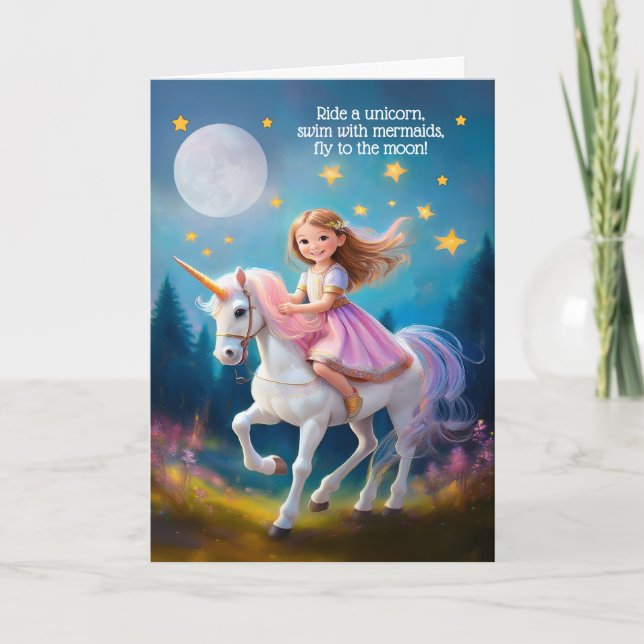 Flickor födelsedag Ride a Unicorn Fly till Måne Kort (Framsida)