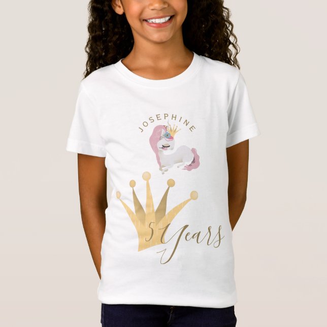 Flickor födelsedag, söt unicorn med guld krona t shirt (Framsida)