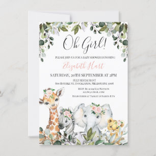 Flickor Foliage Baby Safari Animals Baby Shower Inbjudningar