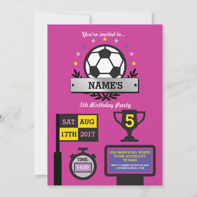 Flickor Fotboll Party Birthday Sports Rosa Inbjuda Inbjudningar (Framsida)