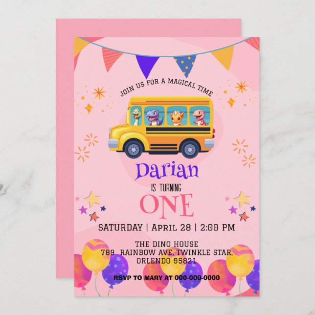 Flickor från dinosaur Back to school Buss Spara Datumet (Fram/baksida)