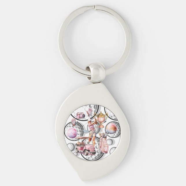 Flickor går Golfing Swirl Silverfärgad Nyckelring (Framsidan)