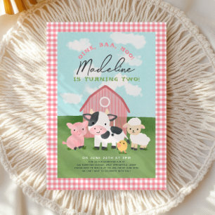 Flickor Gingham Farm Barnyard 2-årsdag Inbjudningar