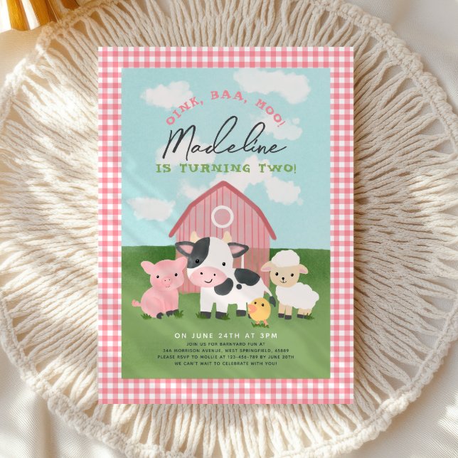 Flickor Gingham Farm Barnyard 2-årsdag Inbjudningar (Skapare uppladdad)