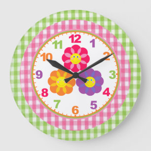 Flickor Gingham Flower Clock med nummer Stor Klocka