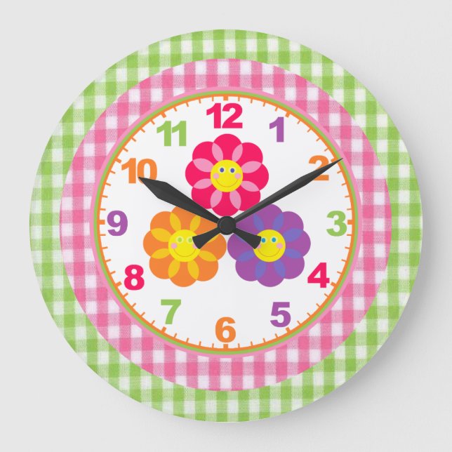 Flickor Gingham Flower Clock med nummer Stor Klocka (Framsida)
