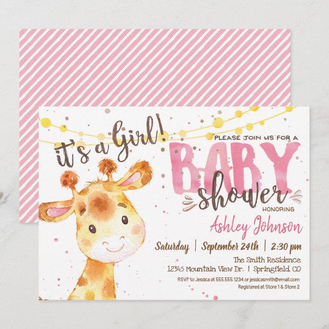 Flickor Giraffe Baby Shower inbjudan (Fram/baksida)