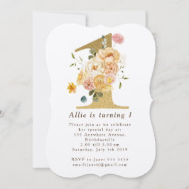 Flickor Guld Blommigt 1:a födelsedagsinbjudan Inbjudningar