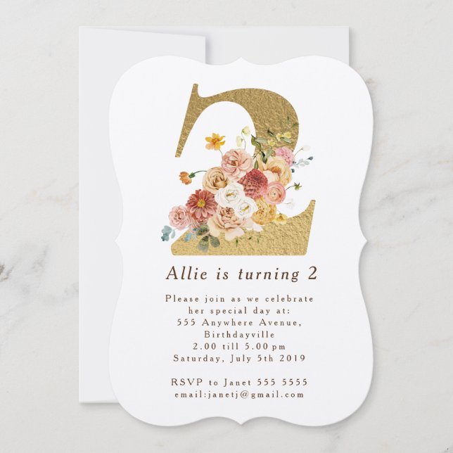 Flickor Guld Blommigt 2:a födelsedagsinbjudan Inbjudningar (Framsida)