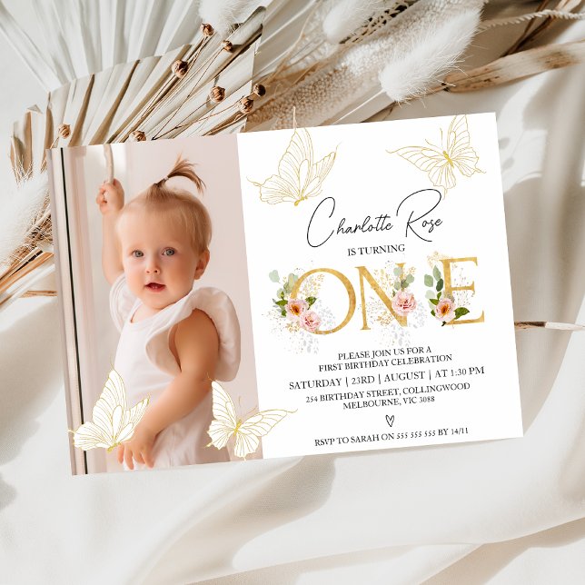 Flickor Guld Rosa Butterflies Blommigt 1:a födelse Inbjudningar (Butterflies Floral 1st Birthday Invitation Girl, Gold Word Pink Floral, Gold Butterflies, First)