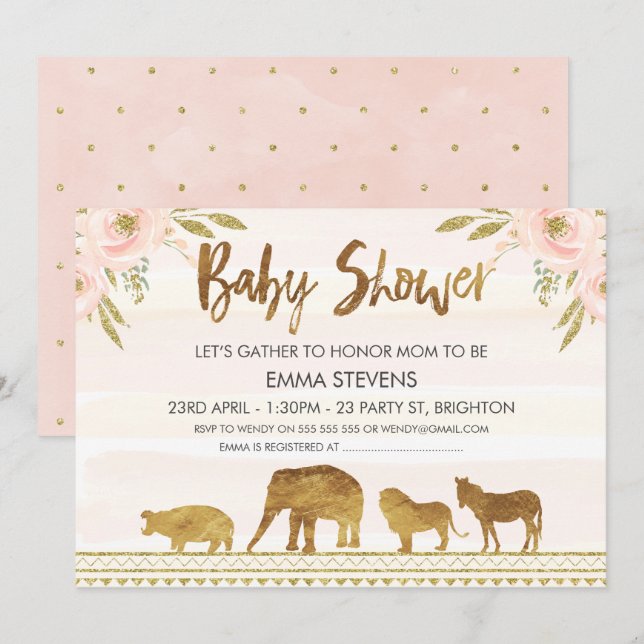 Flickor Guld Safari Animals Baby Shower-inbjudan Inbjudningar (Fram/baksida)