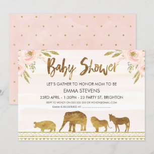 Flickor Guld Safari Animals Baby Shower-inbjudan Inbjudningar