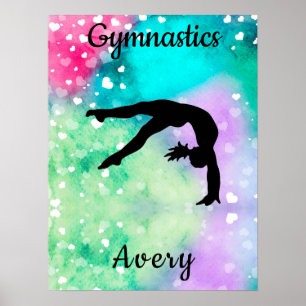 Flickor Gymnastics Watercolor med Flytande hjärdar Poster