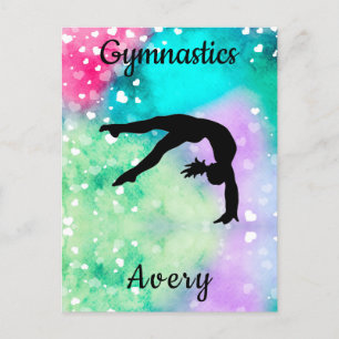 Flickor Gymnastics Watercolor med Flytande hjärdar Vykort