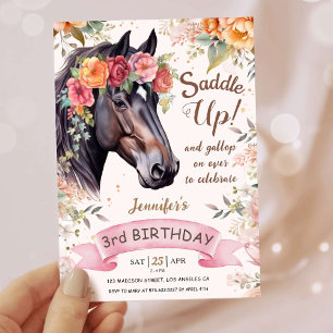 Flickor - häst 3:e födelsedag Rosa Cowgirl Saddle Inbjudningar