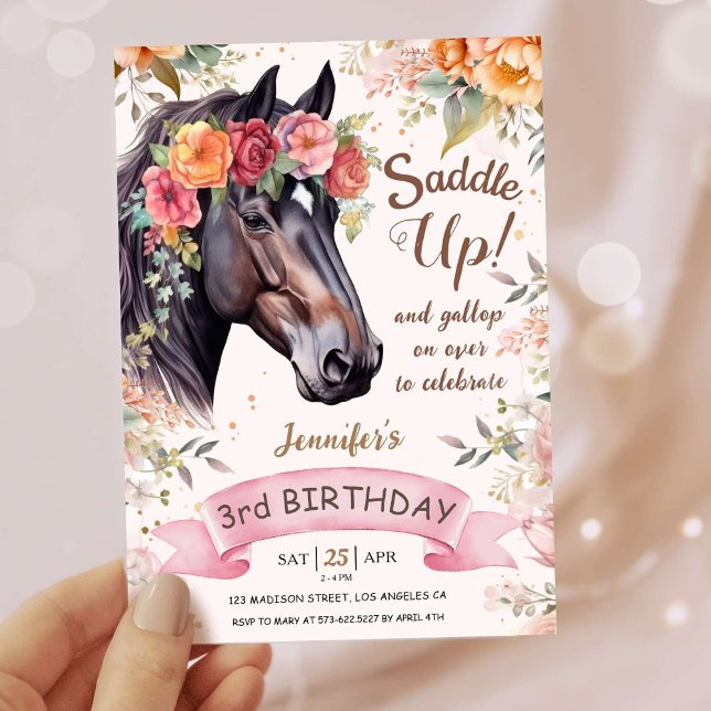 Flickor - häst 3:e födelsedag Rosa Cowgirl Saddle  Inbjudningar (Skapare uppladdad)