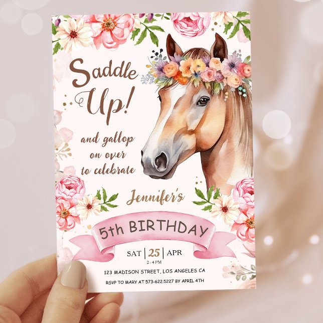 Flickor, häst 5:e födelsedag Blommigt Saddle upp! Inbjudningar (Skapare uppladdad)