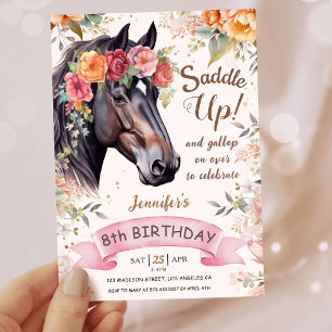 Flickor, häst 8:e födelsedag Rosa Cowgirl Saddle U Inbjudningar
