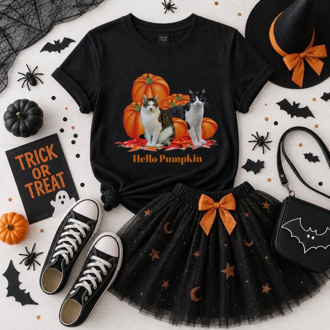 Flickor Hej Pumpa Höststil med Katter Grå T Shirt (Skapare uppladdad)