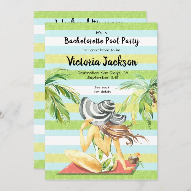 Flickor helg Tropiska flyktvägen Bassäng Party Inbjudningar (Fram/baksida)