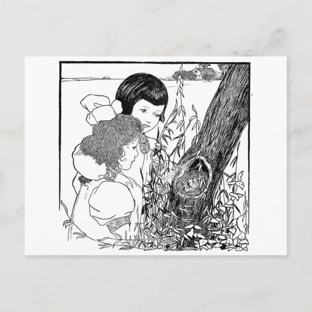 Flickor hittade ett fågelbo vykort (Framsida)